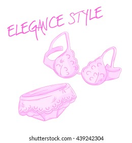 vector hand drawn pink lace bra and panties isolated on white backdrop.