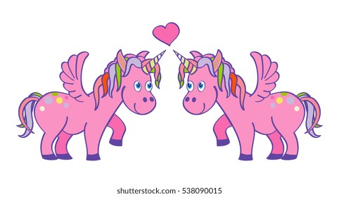 Vector hand drawn pink unicorns in love. Magic animal love fairy illustration