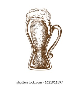 vector hand drawn pint of beer full of wheat beer with foam. Beautiful vintage beer mug or glass with dropping froth isolated on white background. Alcoholic beverage in glassware