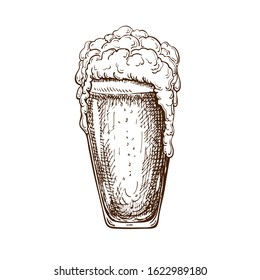 vector hand drawn pint of beer full of wheat beer with foam. Beautiful vintage beer mug or pilsner with dropping froth isolated on white background. Alcoholic yellow beverage in glassware