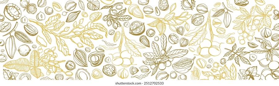 Vector hand drawn pistachio tree branch set with leaves and nuts. Botanical drawing. Vintage style. Nuts and seeds collection.