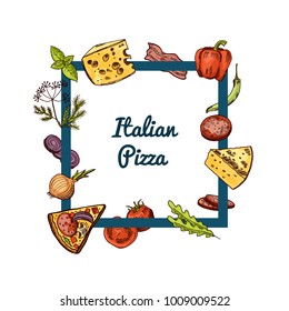 Vector hand drawn pizza ingridients flying around frame with place for text illustration