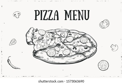 Vector hand drawn Pizza menu cover with vegetables. Vintage, retro template for italian restaurans, pizzeria