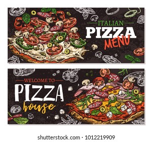 Vector hand drawn pizza pizzeria horizontal banners with chalkboard background. Design with sketch illustrations