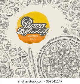 vector hand drawn pizza restaurant sketch and food, drinks doodle