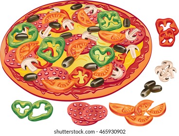 A vector hand drawn pizza with sausage, olives, red and green bell pepper, mushrooms and tomatoes. Ingredients isolated on white