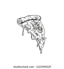 Vector hand drawn pizza slice. Fast food engraved style illustration.  Perfect for advertising, invitations, posters.