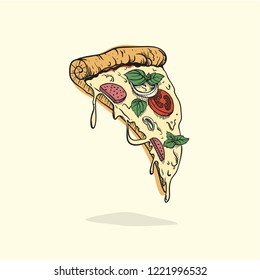 Vector hand drawn pizza slice. Fast food engraved style illustration.  Perfect for advertising, invitations, posters.