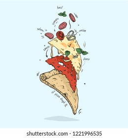 Vector Hand Drawn Pizza Slice. Fast Food Engraved Style Illustration.  Pizza Layers Concept In Retro Colors. Infographic Creative Design.