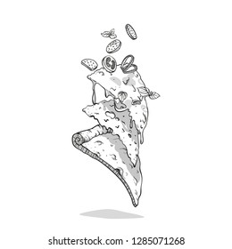 Vector hand drawn pizza slice with falling ingredients. Fast food engraved style illustration.  