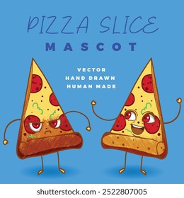 Vector hand drawn pizza slice mascot, perfect for both online and print projects. Ideal for menus, banners, and social media, it adds a creative and funny touch to your graphics or branding.