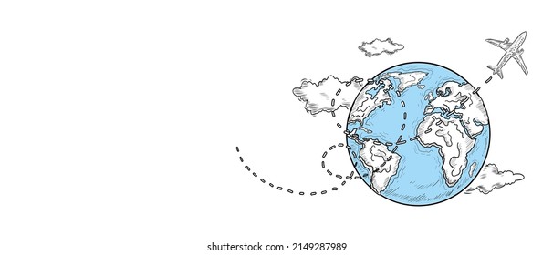 Vector Hand Drawn Plane Flying and Traveling Around Planet Earth Around the World. Globe Earth and clouds sky. Add Your Own Text or Design in The Empty Place. Traveling,Tourism and Business Concept.