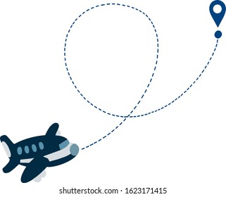 Vector hand drawn plane line path of air plane flight route with dash line trace and finish point