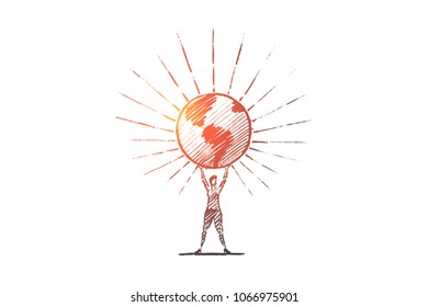 Vector hand drawn Planet Earth concept sketch. Woman standing and holding big shining globe on raised hands