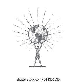 Vector hand drawn Planet Earth concept sketch. Woman standing and holding big shining globe on raised hands