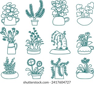 Vector hand drawn plants collection. Plants line Art, Doodle style. Great for spring and summer, coloring books.