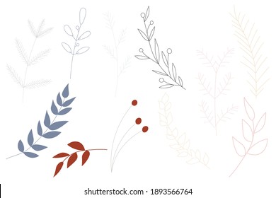 Vector hand drawn plants -  leaves and branches.  Collection of botanical  illustration. Template design for sail, wedding save date, envelope, valentine, for party, holiday decor.