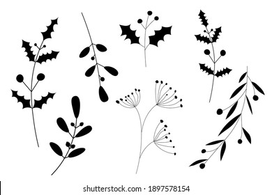 Vector hand drawn plants - leaves and branches. Black and white. Collection of botanical illustration. Template design for sail, wedding save date, envelope, valentine, for party, holiday decor.