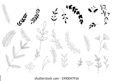 Vector hand drawn plants - leaves and branches. Black and white. Collection of botanical illustration. Template design for sail, wedding save date, envelope, valentine, for party, holiday decor.