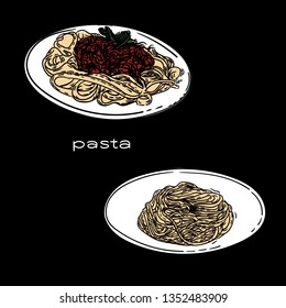 Vector hand drawn with plates of pasta on black background.