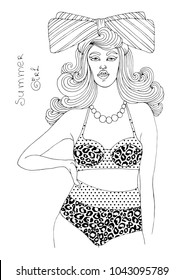 Vector hand drawn plump girl, model plus size. Curvy woman in swimming suit. Pin-up retro style. Girl large size with curly hair and a big bow. Coloring page for adults. Isolated on white background