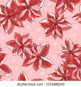 Vector hand drawn poinsettia flowers seamless pattern. Elegant and trendy pencil sketch of Christmas flowers.