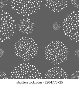 Vector. Hand drawn polka dot texture. Spotted grey, black and white background. Geometric abstract pattern with hand drawn circles. Drawn dots in the shape of a circle. Flow, halftone gradient.