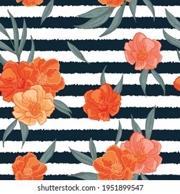 Vector hand drawn pomegranate bloom and stripes seamless pattern print background. Perfect for textile, book covers, wallpapers, design, graphic art, printing, hobby, invitation, scrapbooking.