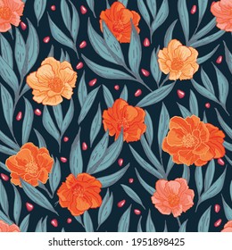 Vector hand drawn pomegranate fruit seeds leaves bloom dark seamless pattern print background. Perfect for textile, book covers, wallpapers, design, graphic art, printing, hobby, invitation, scrapbook