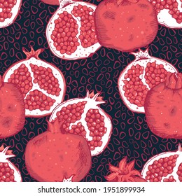 Vector hand drawn pomegranate fruit red dark blue seamless pattern print background. Perfect for textile, book covers, wallpapers, design, graphic art, printing, hobby, invitation, scrapbooking.
