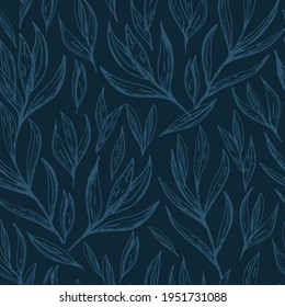 Vector hand drawn pomegranate leafs seamless pattern print background.