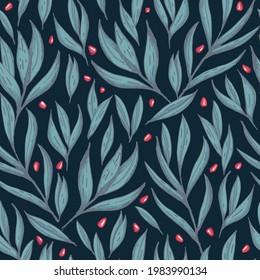 Vector hand drawn pomegranate leafs seamless pattern print background.