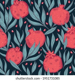 Vector hand drawn pomegranate seeds and leafs dark seamless pattern print background.