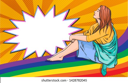 Vector hand drawn pop art comics illustration with beautiful seatin on the rainbow woman, dream woman, vector illustration isolated on pop art comics background with dots, lights and place for text