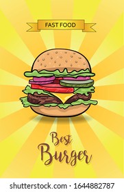 Vector hand drawn pop art illustration of hamburger, Fast food. Retro style. Hand drawn sign. Illustration for print, web.