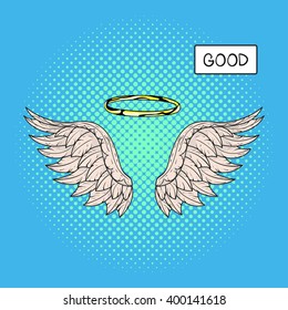 Vector hand drawn pop art illustration of angel wings and nimbus or halo at the top. Retro style. Hand drawn sign. Illustration for print, web.