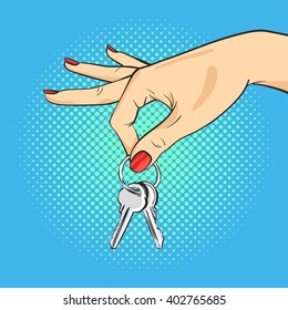 Vector hand drawn pop art illustration of hand holding keys. Retro style. Hand drawn sign. Illustration for print, web.
