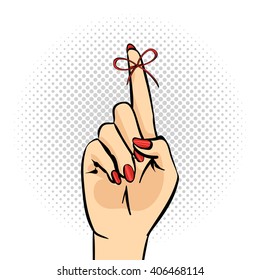 Vector hand drawn pop art illustration of hand with the Reminder String on the finger. Retro style. Hand drawn sign. Illustration for print, web.