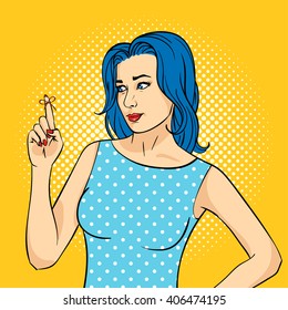 Vector Hand Drawn Pop Art Illustration Of Young Woman With The Reminder String On The Finger. Retro Style.  Hand Drawn Sign. Illustration For Print, Web.