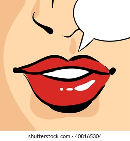Vector hand drawn pop art illustration of beautiful red woman lips. Empty speech bubble. Retro style. Illustration for print, web.
