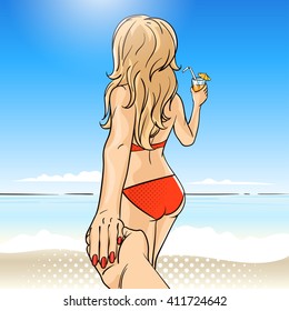 Vector hand drawn pop art illustration of young woman in swimming suit with fruit cocktail. Follow me to the sea illustration. Background for print, web.