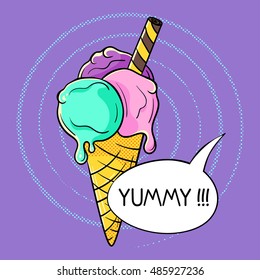 Vector hand drawn pop art illustration of ice cream. Retro style. Hand drawn sign. Illustration for print, web.
