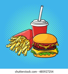 Vector Hand Drawn Pop Art Illustration Of Hamburger, French Fries And Soda Cup. Fast Food. Retro Style. Hand Drawn Sign. Illustration For Print, Web.