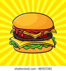 Vector hand drawn pop art illustration of hamburger. Fast food. Retro style. Hand drawn sign. Illustration for print, web.