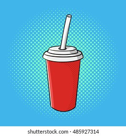 Vector hand drawn pop art illustration of soda cup. Fast food. Retro style. Hand drawn sign. Illustration for print, web.