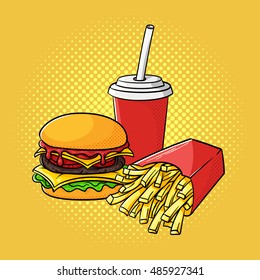 Vector hand drawn pop art illustration of hamburger, french fries and soda cup. Fast food. Retro style. Hand drawn sign. Illustration for print, web.