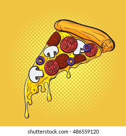 Ilustração de arte pop desenhada à mão vetor de pizza. Comida rápida. Estilo retro. Sinal desenhado à mão. Ilustração para impressão, web.