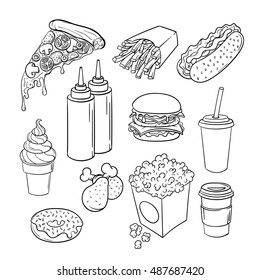 Vector hand drawn pop art monochrome set of fast food. Illustration of ketchup and mustard, burger, chicken legs, pizza and hot dog. Retro style. Hand drawn sign. Illustration for print, web.
