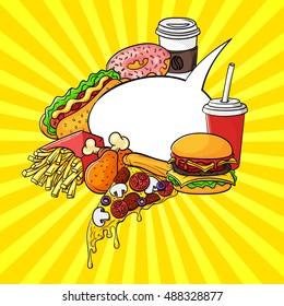 Vector hand drawn pop art set of fast food with speech bubble. Illustration of ketchup and mustard, burger, chicken legs and hot dog. Retro style. Hand drawn sign. Illustration for print, web.