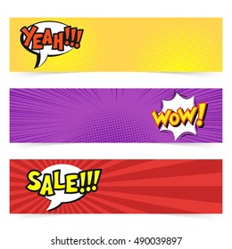 Vector hand drawn pop art banner with speech bubble. Retro style. Hand drawn sign. Illustration for print, web. Yeah, wow, sale.